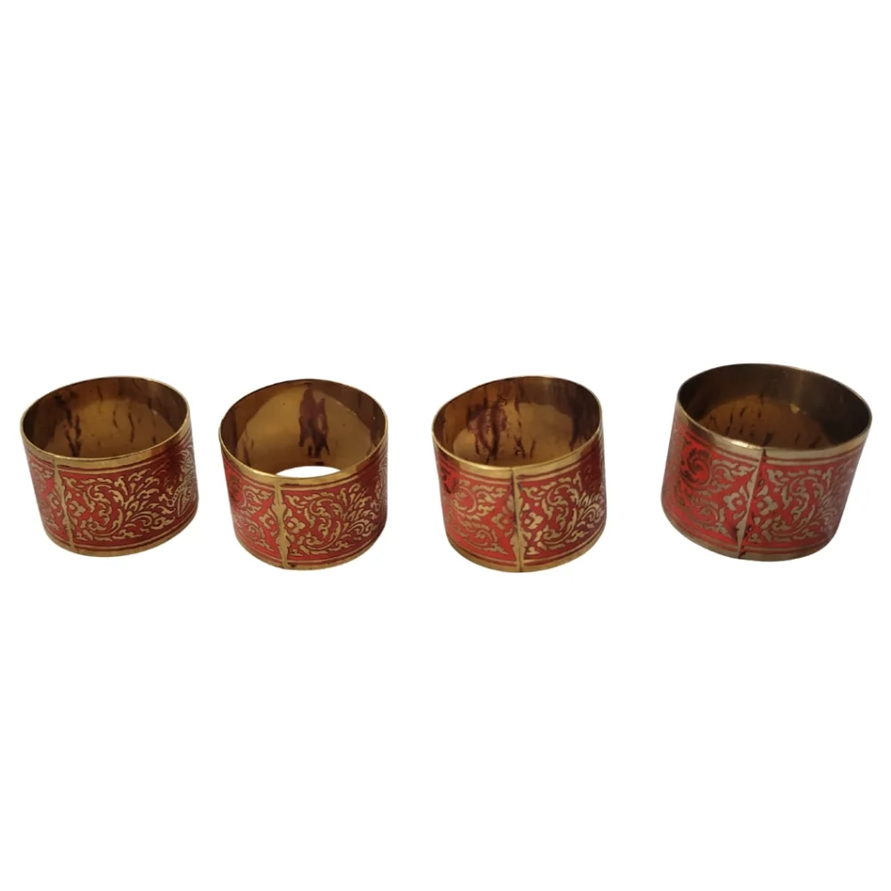 Vintage Thai Napkin Rings Lot Of 12 Brass Red Enamel Traditional Boho Dinner